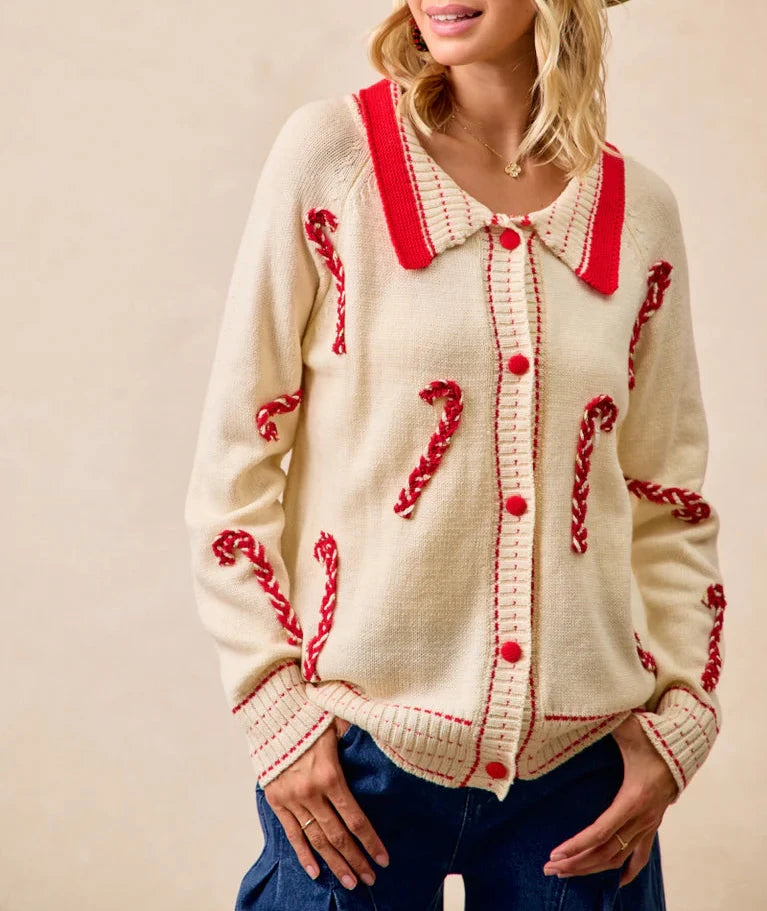 Collared Candy Cane Button Up Christmas Sweater