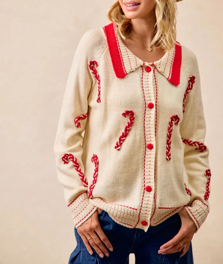 Collared Candy Cane Button Up Christmas Sweater
