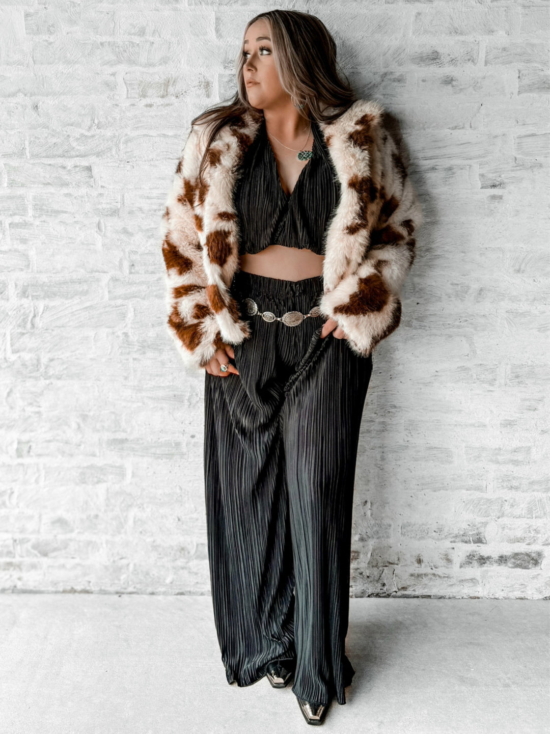 Faux Fur Cow Print Cropped Jacket