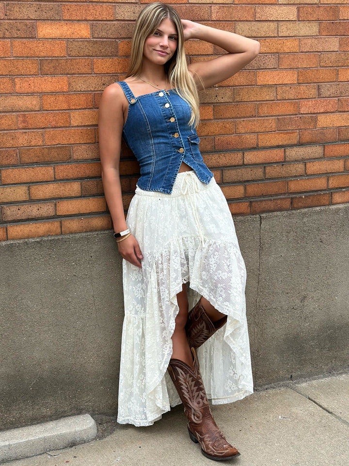 Delaney Lace Floral High Low Ruffle Maxi Skirt