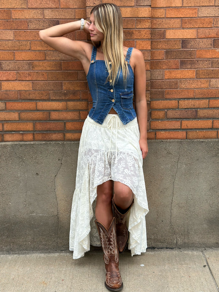 Delaney Lace Floral High Low Ruffle Maxi Skirt