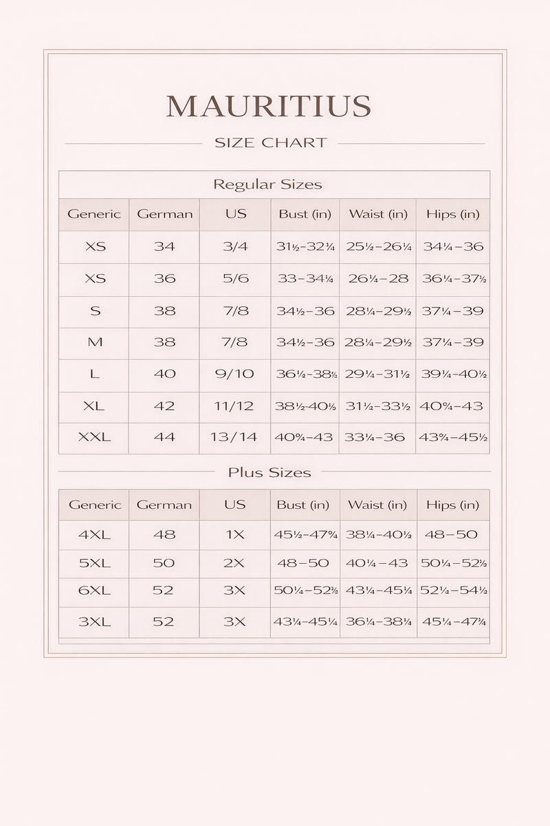 mauritius size chart