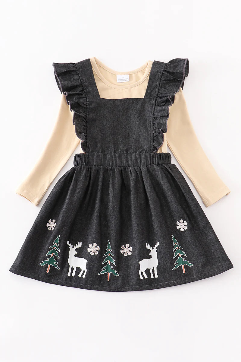 Girls Navy Christmas Tree Denim Dress - Salt and Grace Boutique