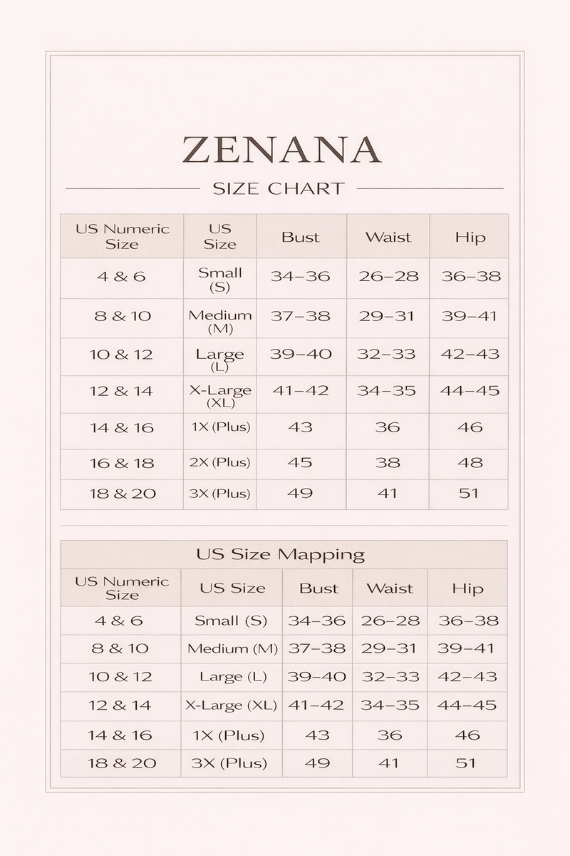 Zenana size chart
