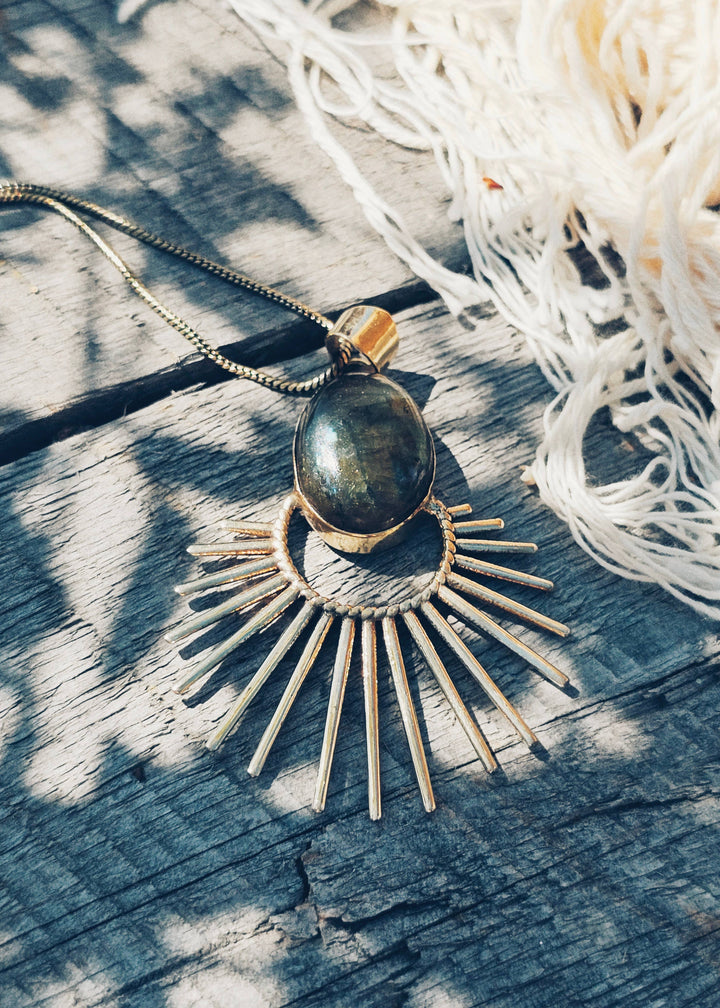 Brass labradorite starburst pendant charm necklace