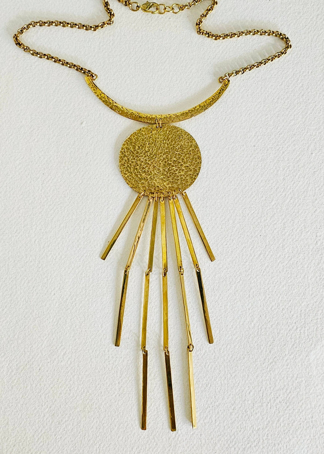 Moon Rays Hammered Brass Long Collar Necklace