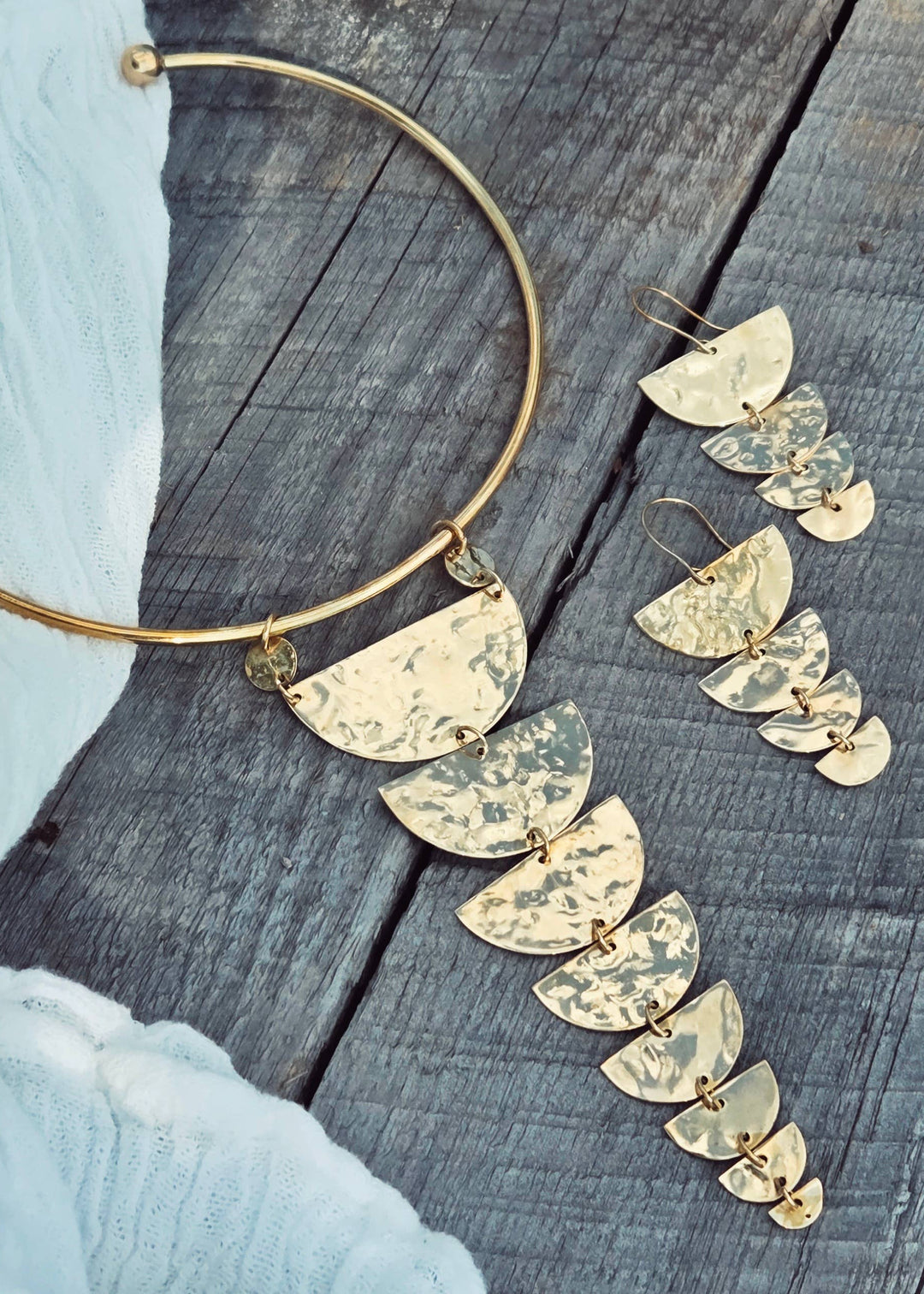 Brass hammered half moon collar necklace