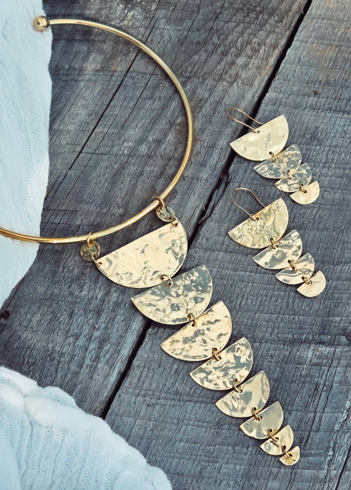 Brass hammered half moon dangle earrings