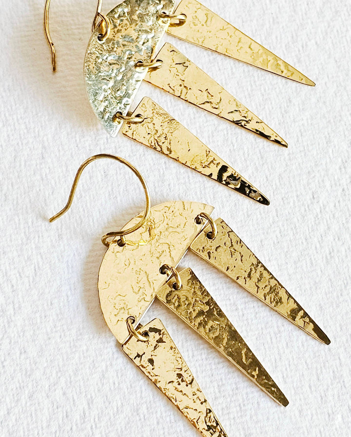 Hammered Geometric Brass Chandelier Fang Earrings