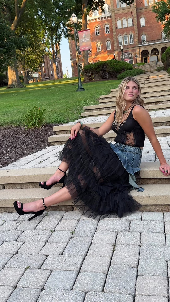 Grunge Glam Denim & Tulle Layered Maxi Skirt