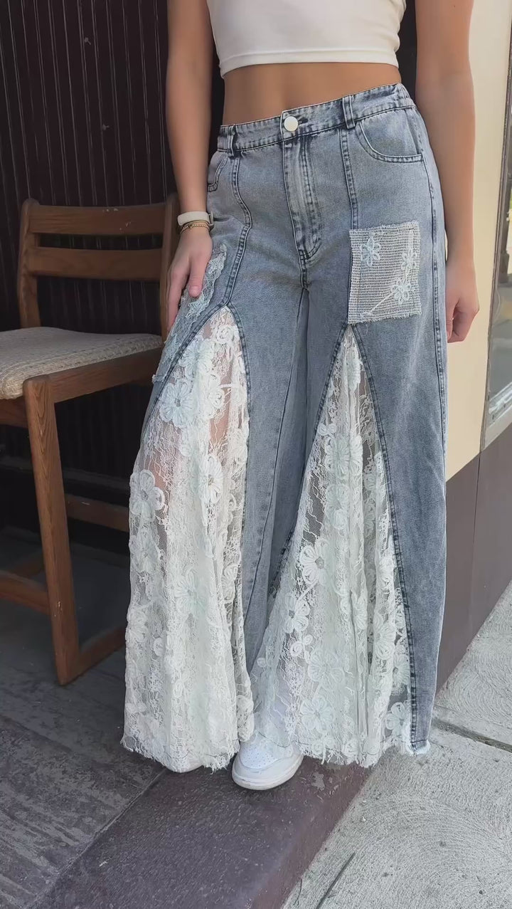 Indie Romantic Boho Lace Ruffle Wide Leg Denim Pants