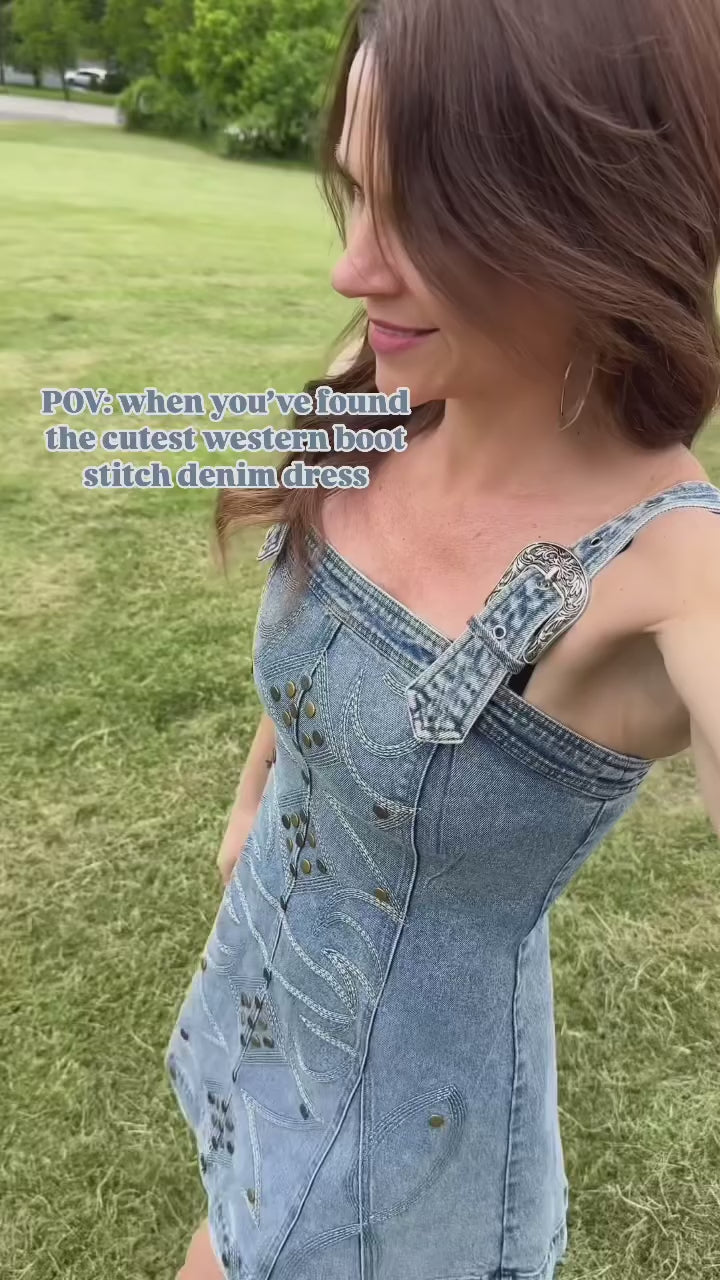 Studded Western Belt Buckle Denim Dress