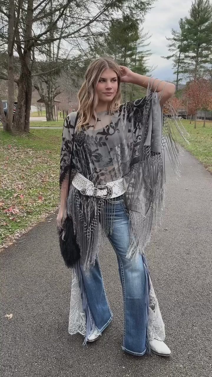 Burnout Velvet Poncho with Fringe
