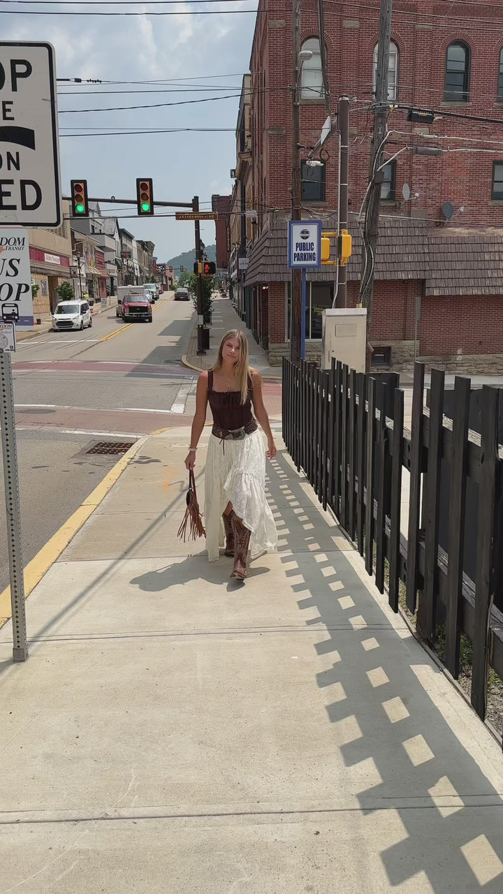 Delaney Lace Floral High Low Ruffle Maxi Skirt