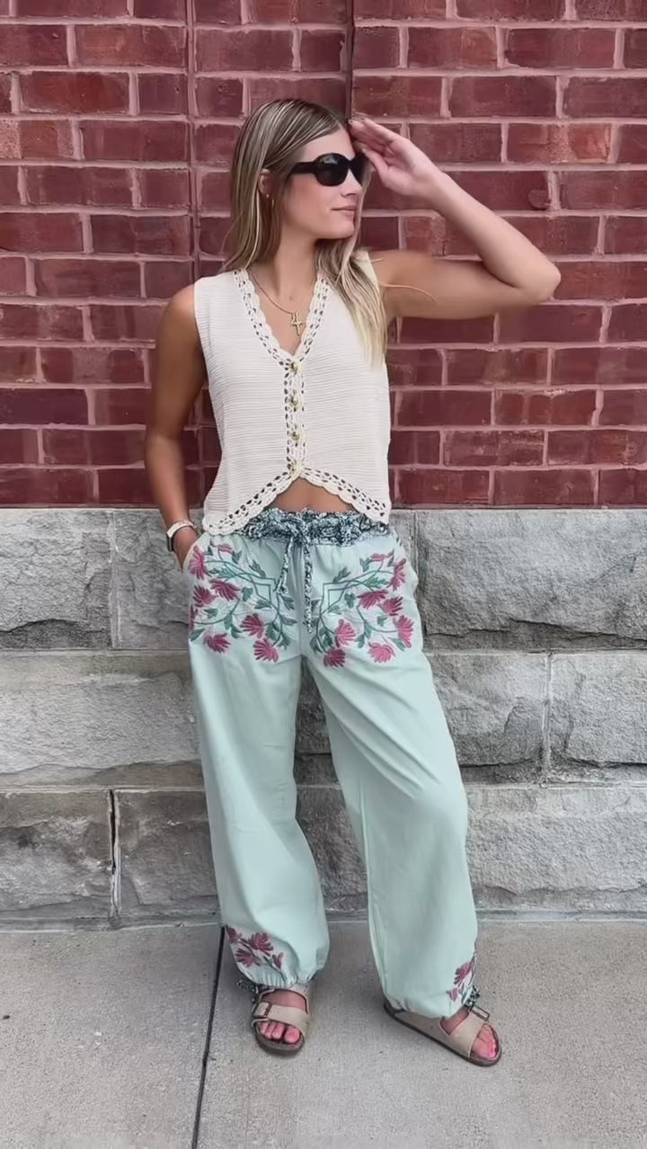 Boho Floral Embroidery Pants