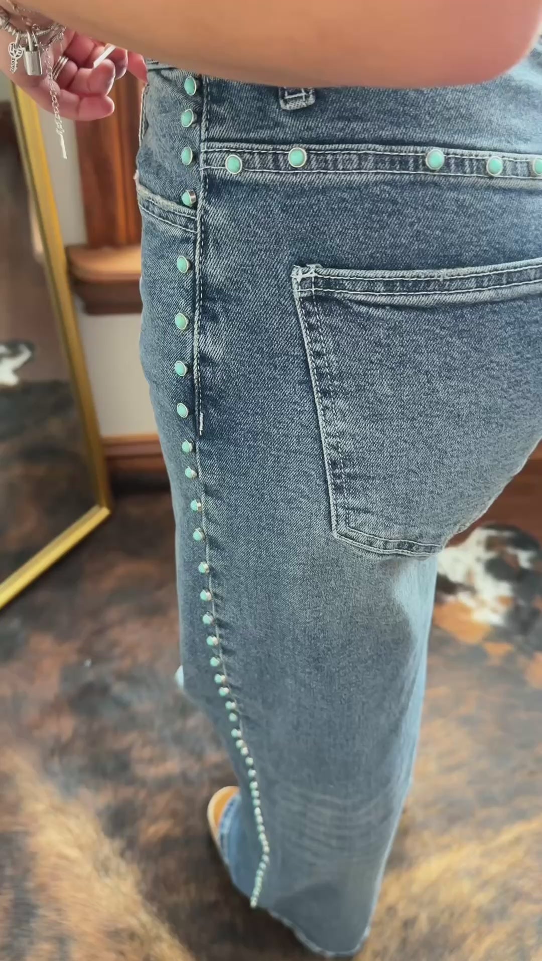 Wide Leg Jeans with Turquoise Gemstone Detail