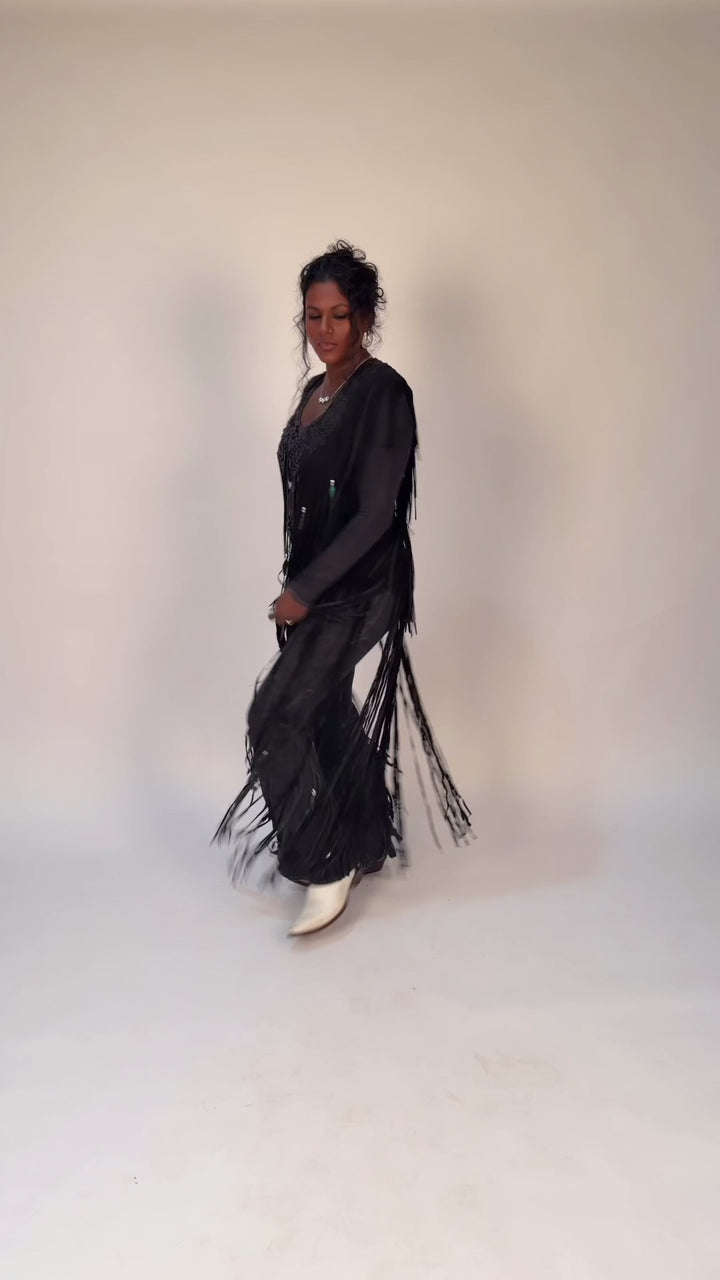 Handcrafted Black Suede Shoulder Fringe Collar by Pat Dahnke