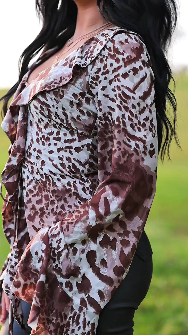 Leopard Print Ruffle Lace-Up Blouse