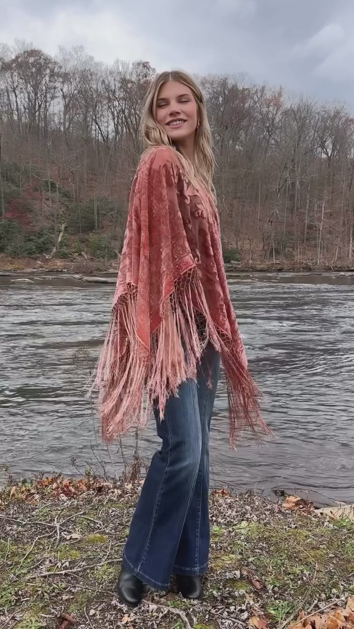 Burnout Velvet Poncho with Fringe