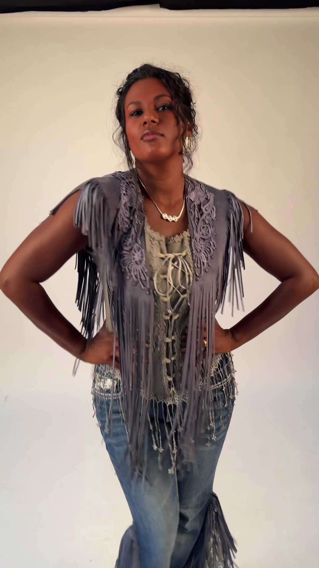 Handcrafted Denim Blue Suede Shoulder Fringe Collar by Pat Dahnke