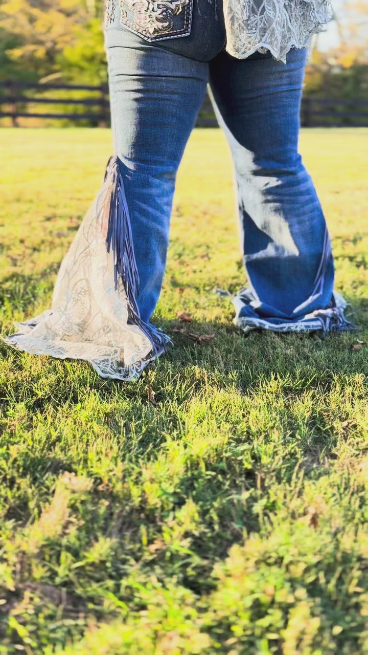 Lace Inset with Fringe Flare Jeans