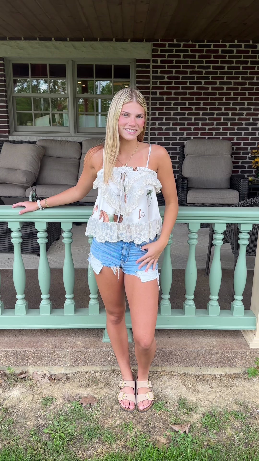 Stretch Satin Equestrian Print Lace-Trim Scallop Edge Cami Tank