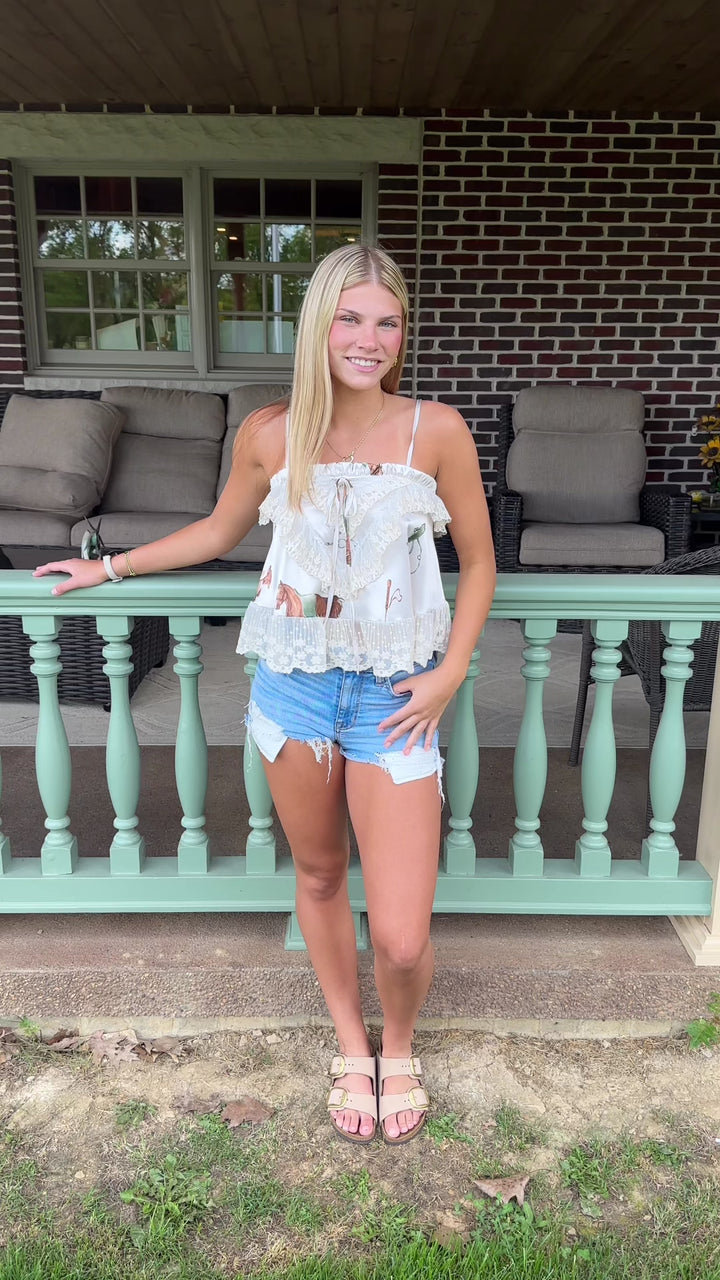 Stretch Satin Equestrian Print Lace-Trim Scallop Edge Cami Tank