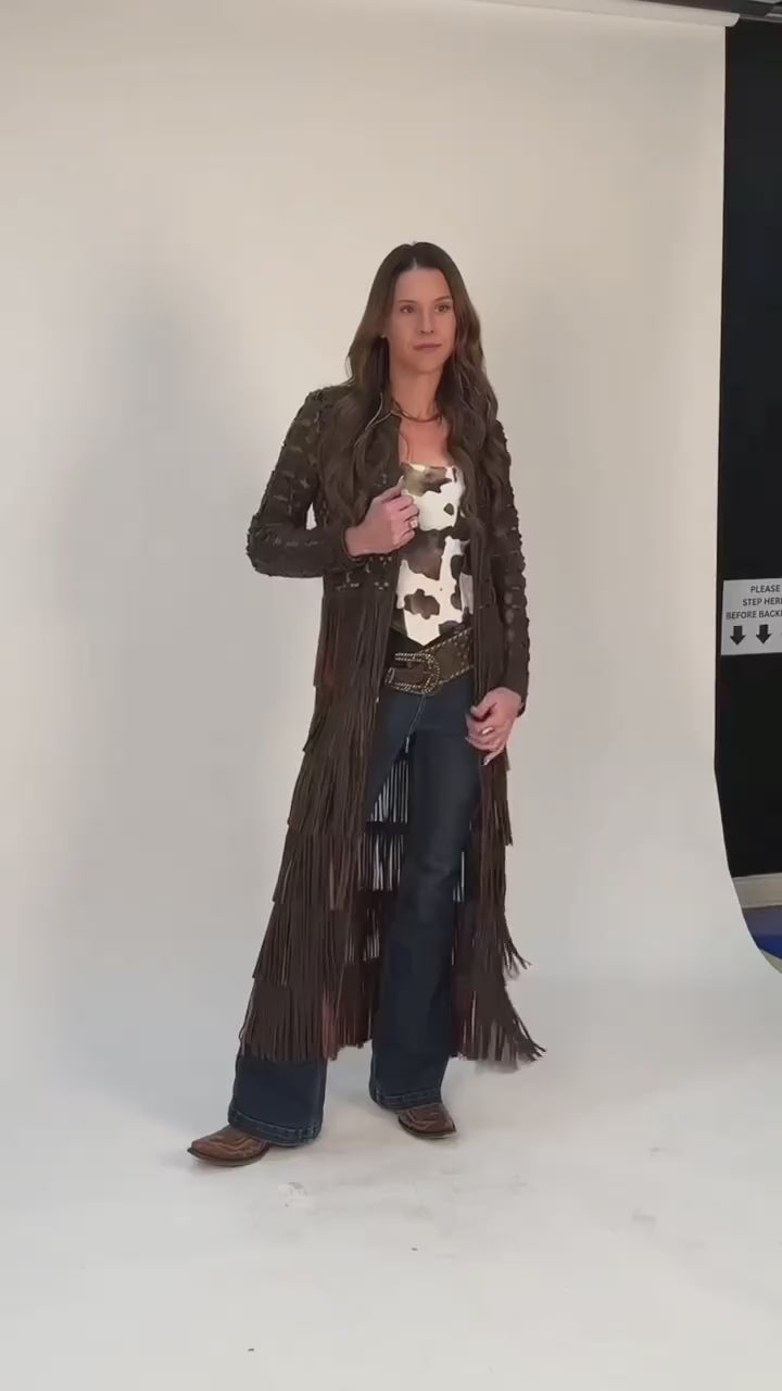 Italian Leather Laser-Cut Fringe Duster Jacket
