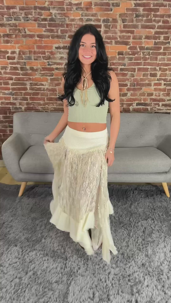 POL Romantic Boho High-Low Lace Skirt with Smocked Waist