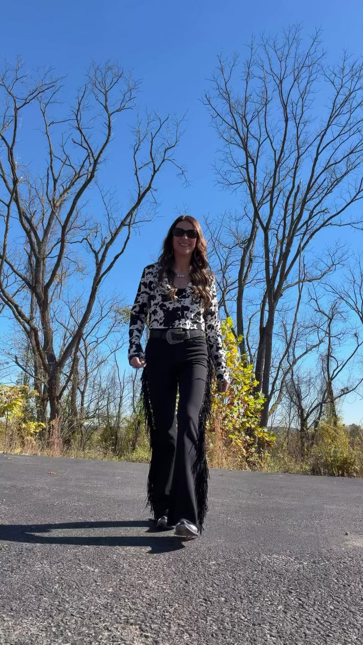 Black High-Waisted Fringe Bell Bottom Jeans