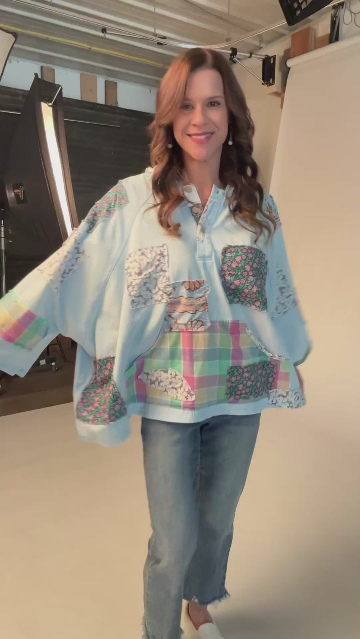 Boho Patchwork 3/4 Sleeve Hooded Top