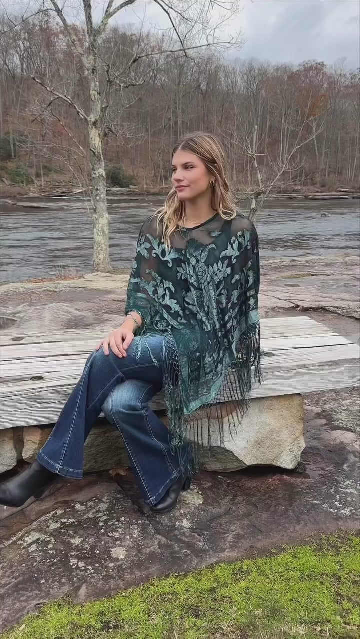 Burnout Velvet Poncho with Fringe