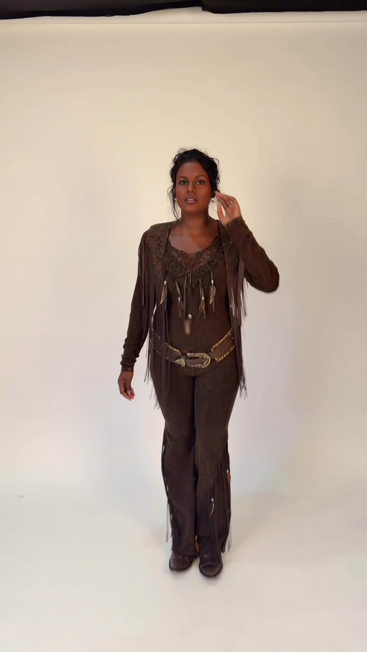 Handcrafted Chocolate Suede Shoulder Fringe Collar by Pat Dahnke