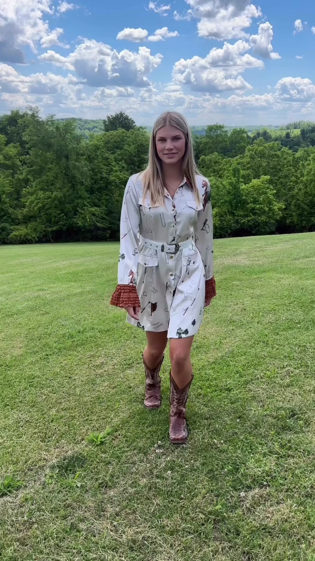 Chic Satin Equestrian Horse Print Belted Mini Dress