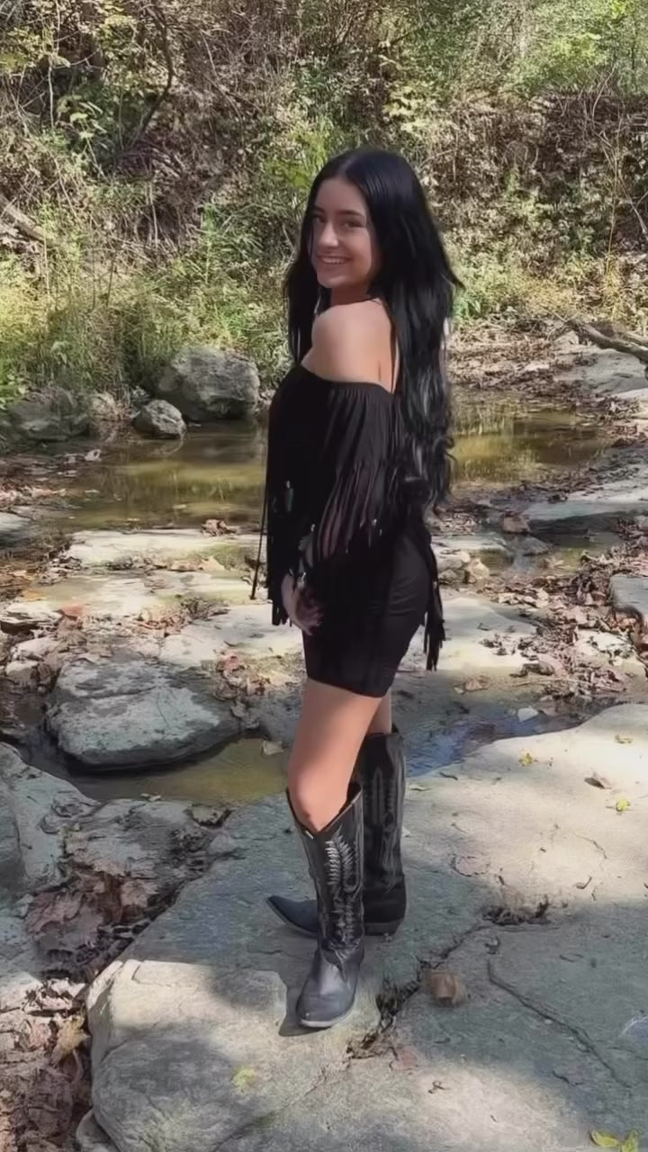 Feather & Fringe Peasant Body-con Mini Dress