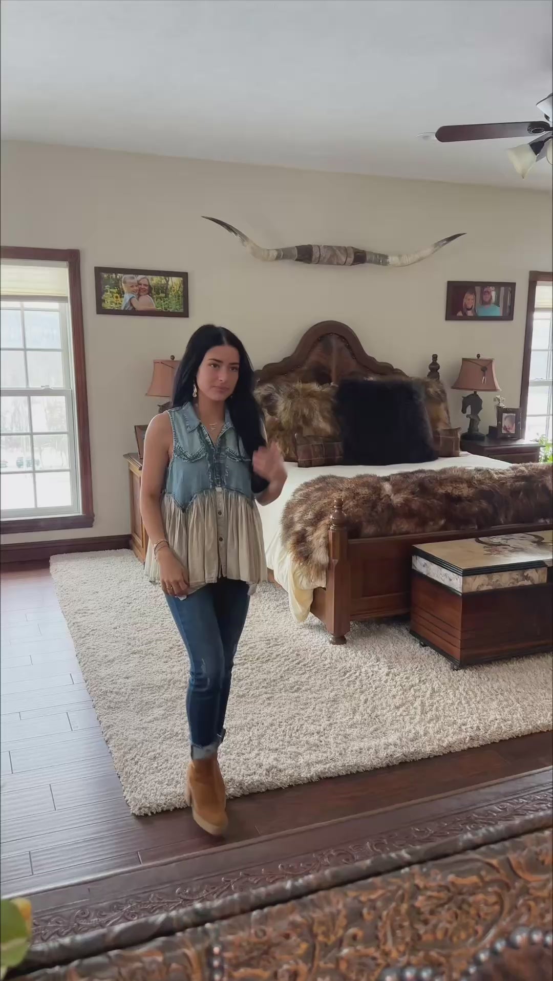 Boho Western Distressed Denim Sleeveless Tunic Top