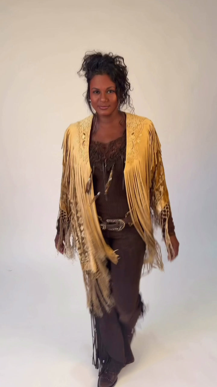 Handcrafted Palomino Deerskin Leather Shoulder Fringe Collar by Pat Dahnke