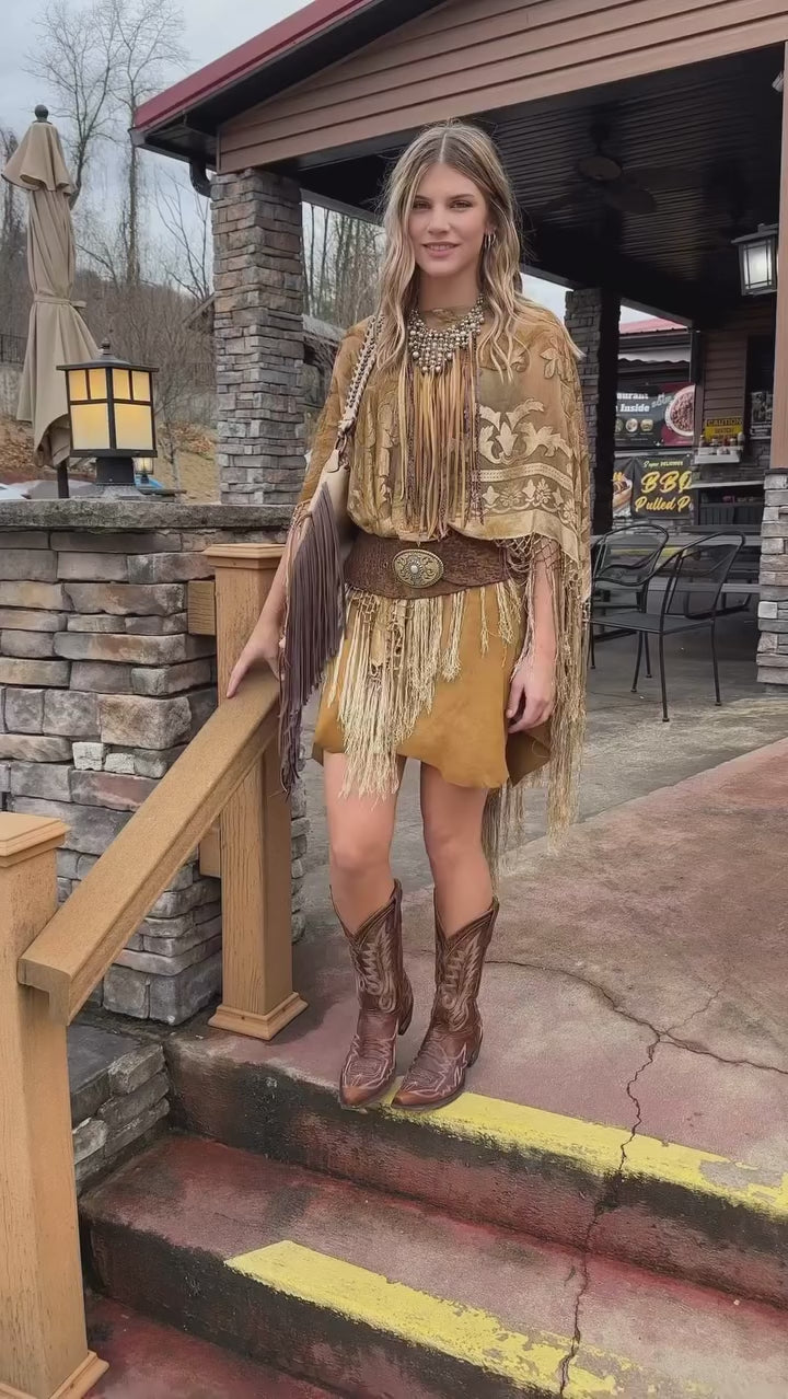 Burnout Velvet Poncho with Fringe