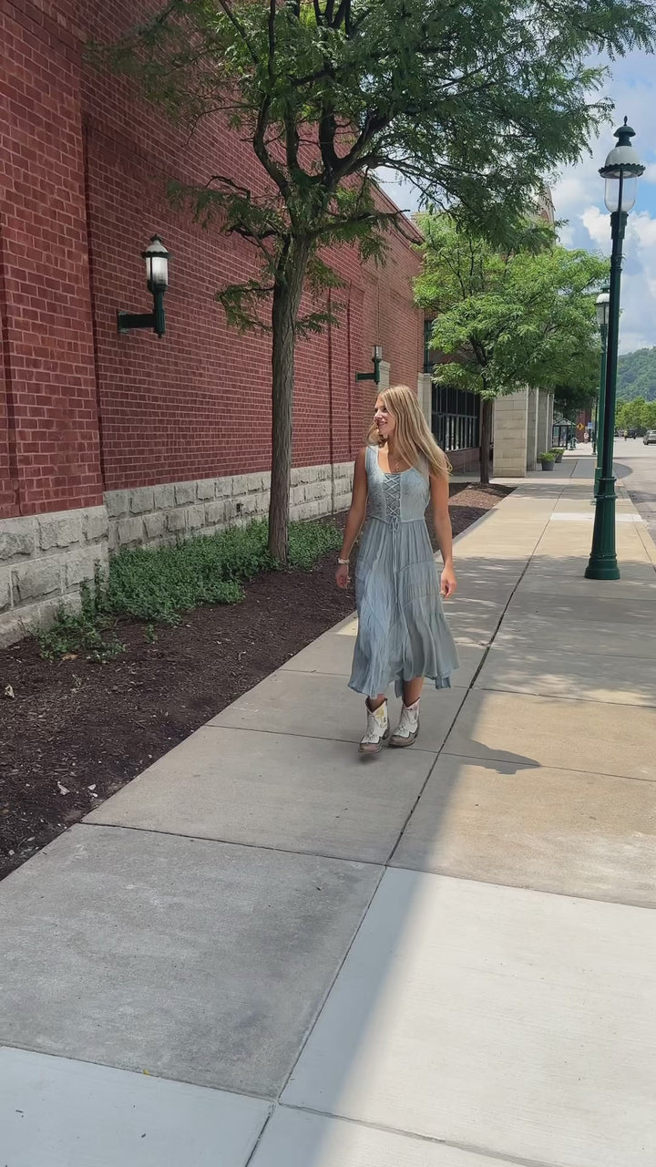 Ash Grey Lace Up Front Tiered Midi Dress