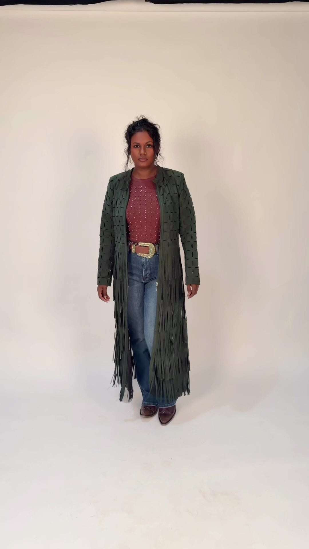 Genuine Suede Leather Laser-Cut Fringe Duster Jacket