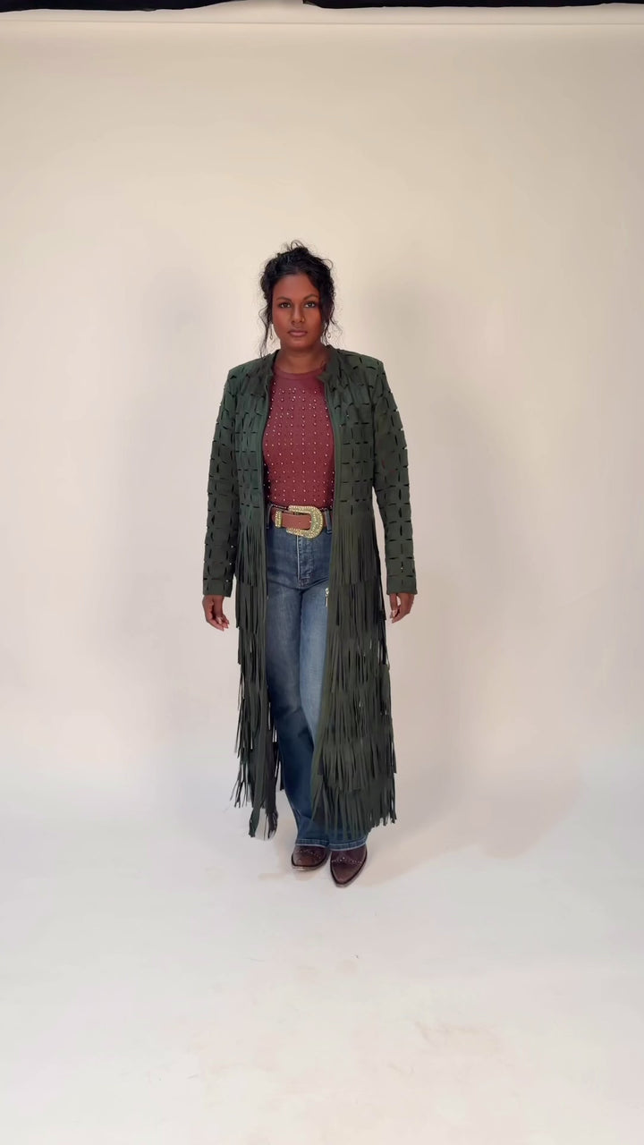 Genuine Suede Leather Laser-Cut Fringe Duster Jacket