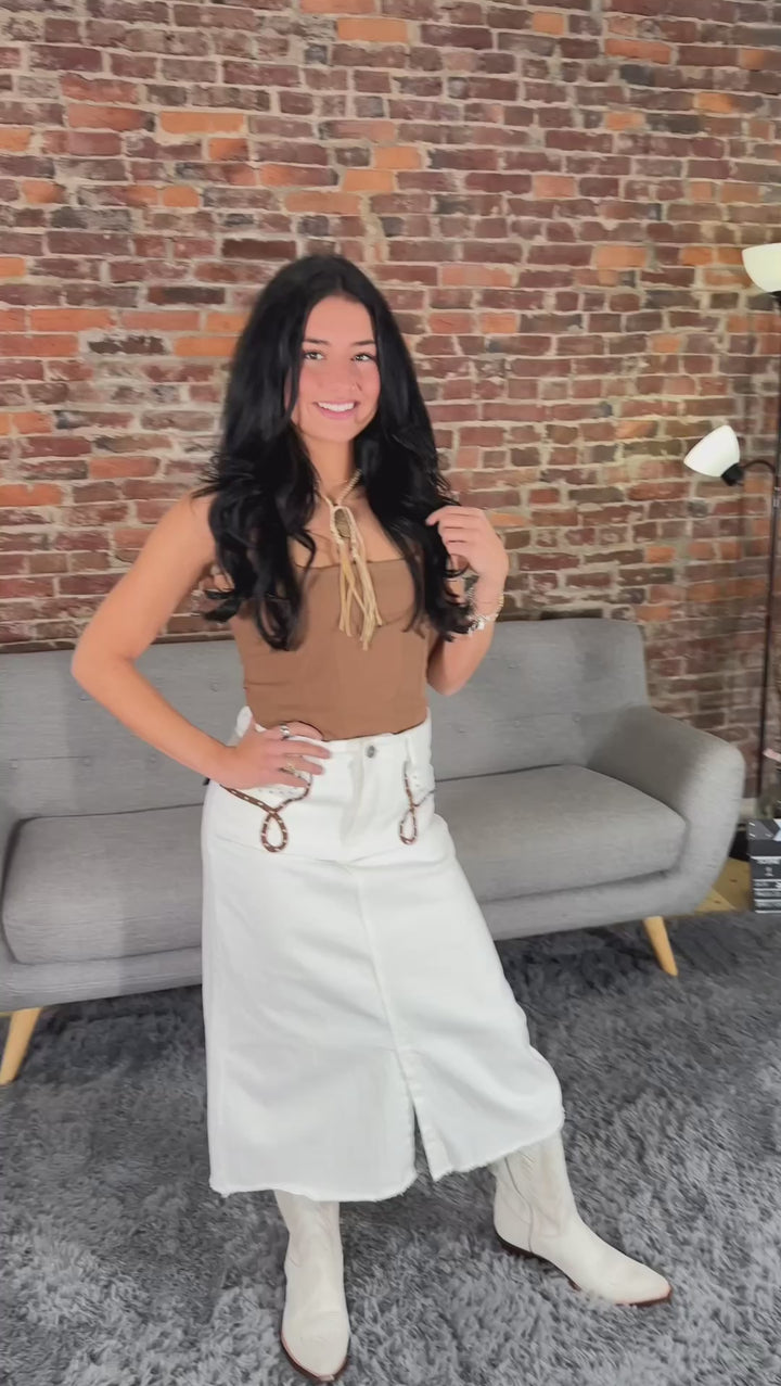 Boot Stitch White Denim Midi Skirt