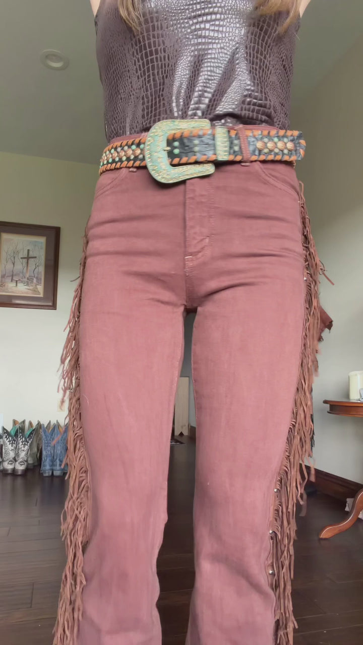 Chocolate Brown High-Waisted Fringe Bootcut Jeans