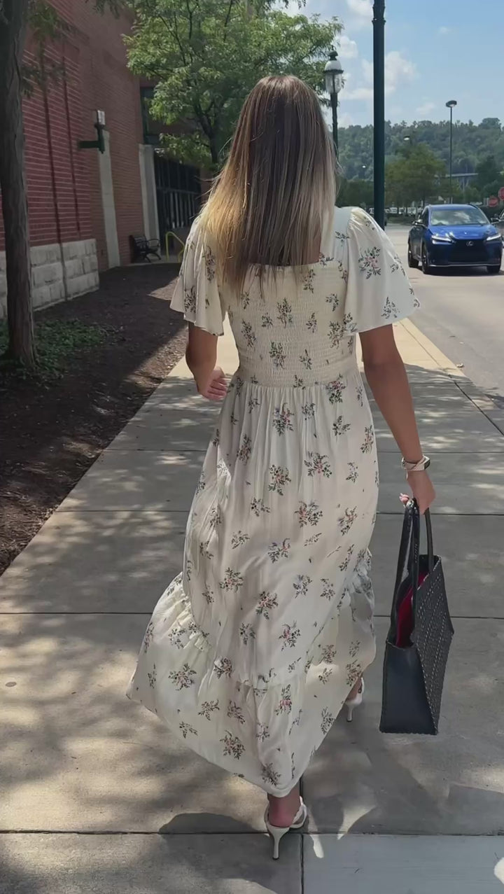 Ivory Floral Front Twist Eyelet Maxi Dress