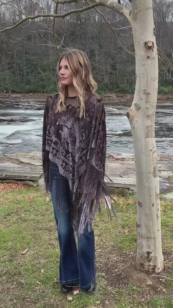Burnout Velvet Poncho with Fringe