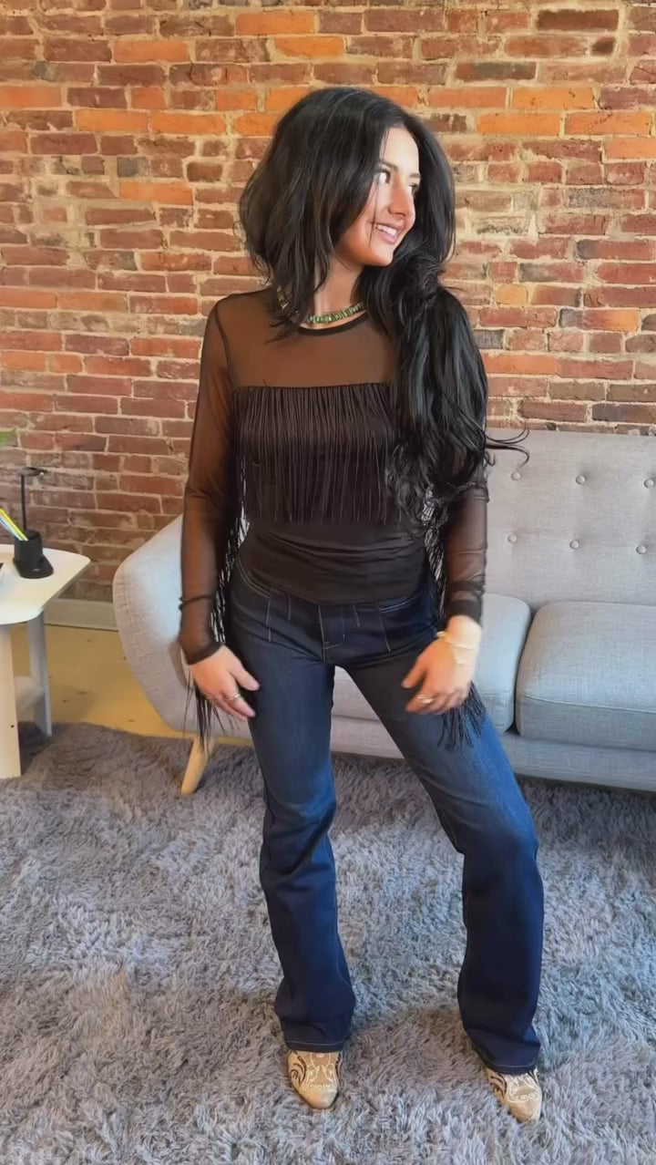 Women’s Black Fringe Trim Long Sleeve Mesh Western Top