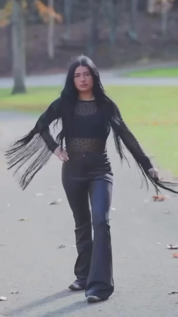 Star Mesh Long Sleeve Top with Fringe Sleeves