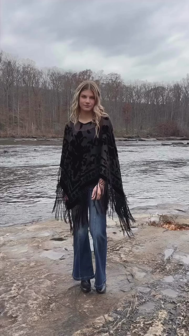 Burnout Velvet Poncho with Fringe